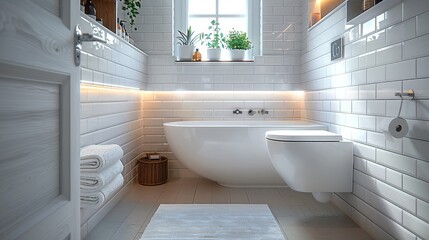 A bright and modern bathroom with glossy white tiles and sleek cabinets. Wall-mounted shelves above the toilet provide clever storage space in the narrow layout. Natural light. Generative AI.