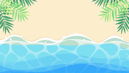 青い波がよせるヤシの葉飾りのビーチ 1、アスペクト比16:9