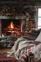  Cozy fireside setting with a woodpile, evoking warmth and home comfort 