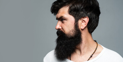 Half-turned side profile portrait of serious bearded man. Beard and mustache. Bearded man hipster in barber shop. Long beard. Beard style hair stylist. Male face profile with beard and mustache.