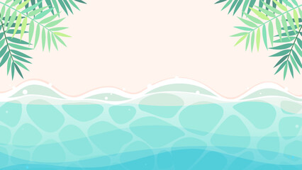 青い波がよせるヤシの葉飾りのビーチ 2、アスペクト比16:9