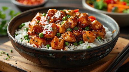 A dish of flavorful chicken and vegetable stir-fry, served over rice.