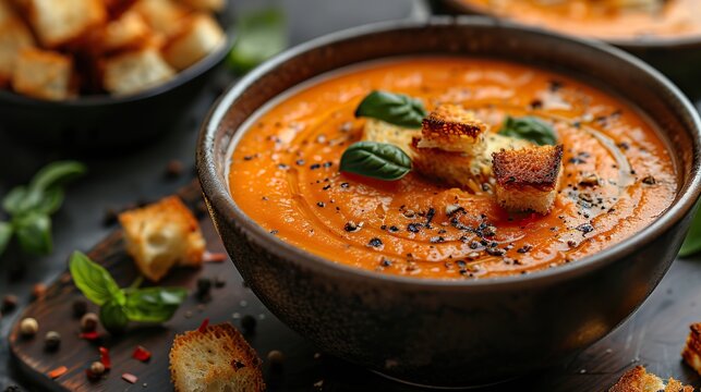 A bowl of creamy tomato and basil bisque, garnished with croutons.