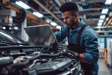 Sleek EV Technician Inspecting Battery in Modern Auto Workshop