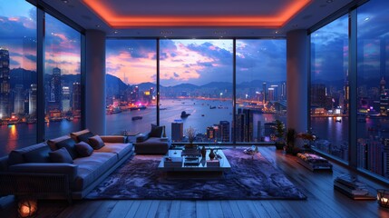Design a sleek condominium with sweeping vistas of Hong Kongs skyscrapers, bustling harbor, and neon-lit streets bustling with activity 247.