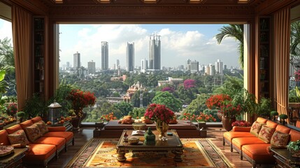 Illustrate a chic urban residence featuring panoramic vistas of Mumbais bustling streets, historic landmarks, and modern skyscrapers rising against the