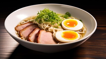 bowl of ramen noodles, steaming with broth and topped with chashu pork, 