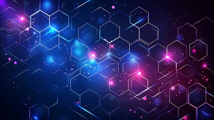 Obraz premium Abstract background with hexagon pattern and glowing dots on blue purple color, vector illustration. Digital technology concept for banner design
