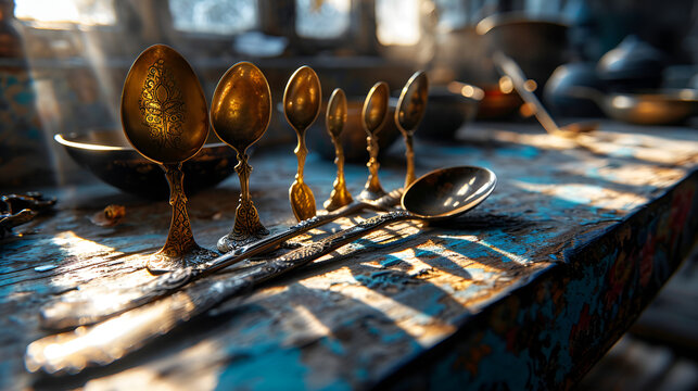 A table with spoons, forks, knives, and other metal objects neatly arranged.