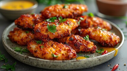 A plate of crispy fried chicken tenders, served with honey mustard.