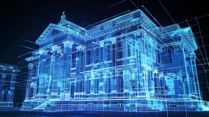 3d blue prints of a bank building virtual hologram, digital banking 
