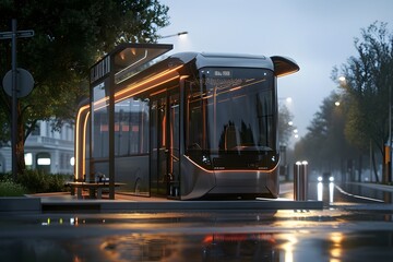 Fototapeta premium Sleek Electric Bus at Futuristic City Transit Stop