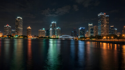 Detroit skyline at sunset, reflecting on the tranquil waters of the Detroit Riverfront, Travel. Generative ai.