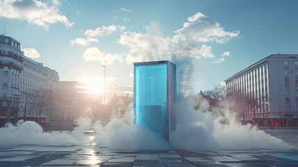 A huge blue refrigerator, is located in a city square with white cold air coming out around it....