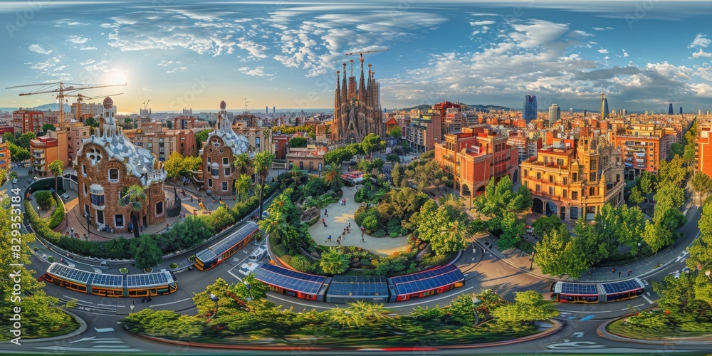 Poster An immersive 360-degree equirectangular panorama of Barcelona in the future, featuring solar-powered smart grids and energy-efficient buildings reducing