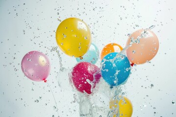 Colorful balloons splashed with water on white background for fun and celebration concept