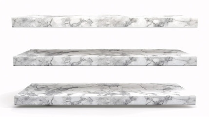 3 empty marble shelves Different levels, isolated on white backgrounds, With clipping paths.