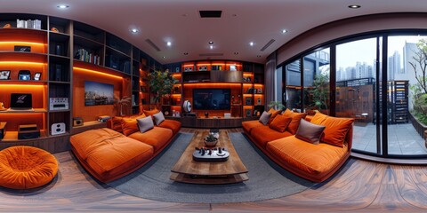 An immersive 360-degree equirectangular projection spherical panorama of an entertainment-centric home, with immersive audio systems, customizable media libraries