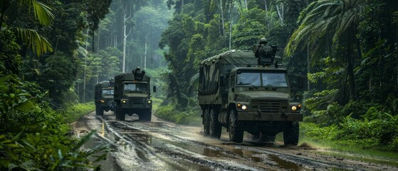 A military transport trucks on a strategic road operation in a serene forest setting