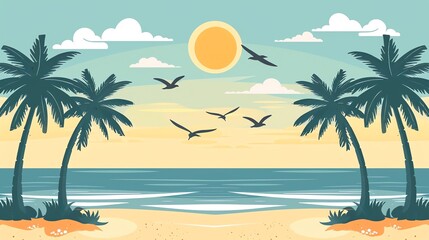 Obraz premium cartoon vector image of a beautiful beach view, background for a beach holiday web banner