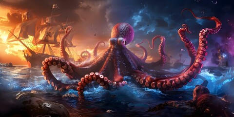 Epic battle between giant octopus and pirate ship in a mesmerizing k fantasy animation. Concept Fantasy Animation, Epic Battle, Pirate Ship, Giant Octopus, Mesmerizing Effects