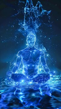 Blue energy silhouette, the human body in lotus position meditating