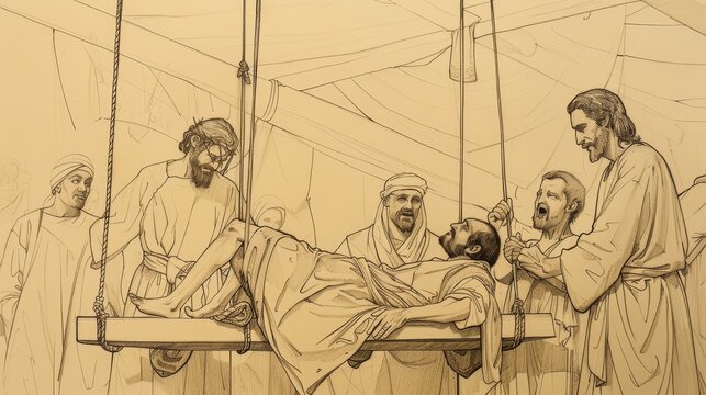 Biblical Illustration: Jesus Heals the Paralytic, Man Lowered Through Roof, Astonished Crowd, Rejoicing, Beige Background, Copyspace