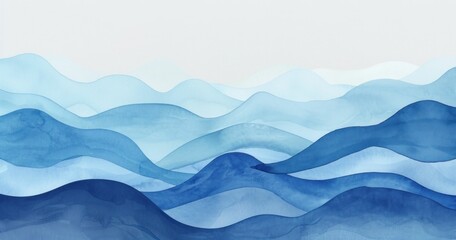 Fototapeta premium Abstract watercolor background with waves and mountains in blue, white and grey tones serenity of nature beauty and adventure