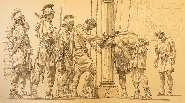 Biblical Illustration: The Scourging at the Pillar, Jesus Being Scourged by Roman Soldiers, Somber Atmosphere, Beige Background, Copyspace