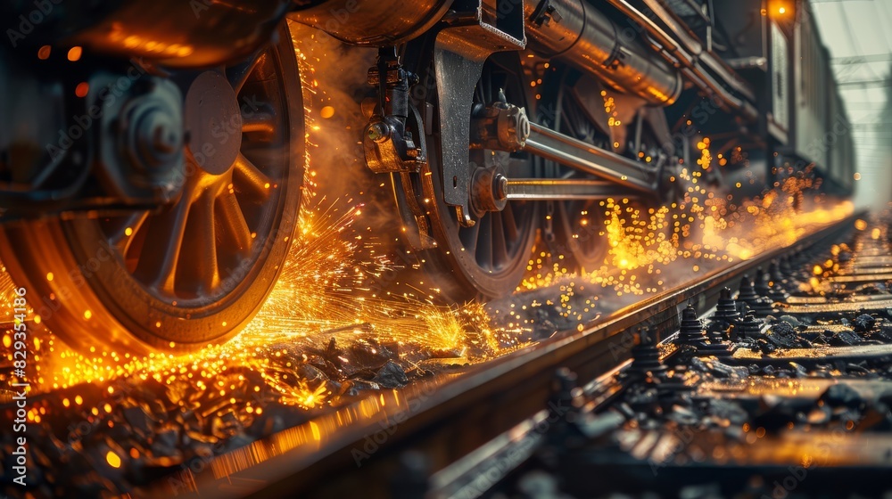 Aufkleber a close-up of a train wheel under braking. braking causes thousands of sparks to fly between the whe