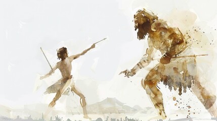 Biblical Illustration: David and Goliath, Young David Slinging Stone, Ancient Battlefield, Beige Background, Copyspace