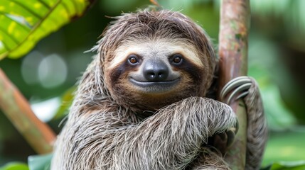 Fototapeta premium Cute sloth hanging on a tree in the jungle, smiling and looking at the camera.