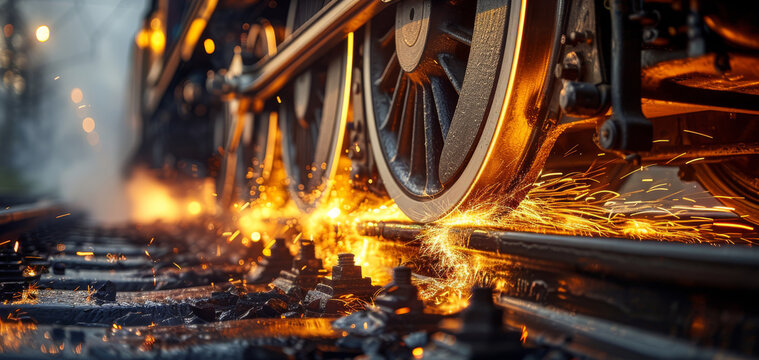 A close-up of a train wheel under braking. Braking causes thousands of sparks to fly between the wheel and the rail. Generative AI.