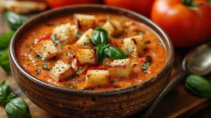 A bowl of creamy tomato and basil soup, garnished with croutons.