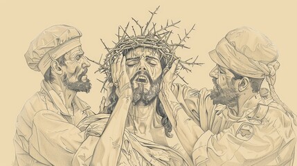 Biblical Illustration: The Crowning with Thorns, Jesus Crowned with Thorns, Soldiers Mocking, Painful Expression, Beige Background, Copyspace