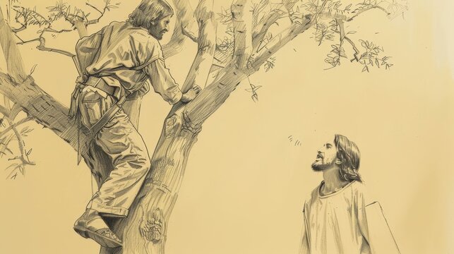 Biblical Illustration: Zacchaeus in the Sycamore Tree, Jesus Calling Zacchaeus, Crowd Watching, Beige Background, Copyspace