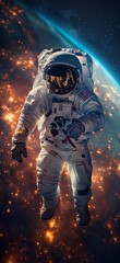 Fototapeta premium Portrait of an astronaut. Mars colonization or settlement concept. Astronaut in space suit in outer space with nebula reflection in helmet glass