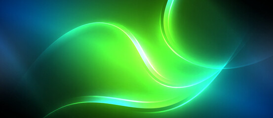 Neon glowing circle rays, light round lines in the dark, planet style neon wave lines. Energetic electric concept design for wallpaper, banner, background