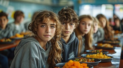 A group of teenage students eating lunch together in a school cafeteria, looking towards the camera