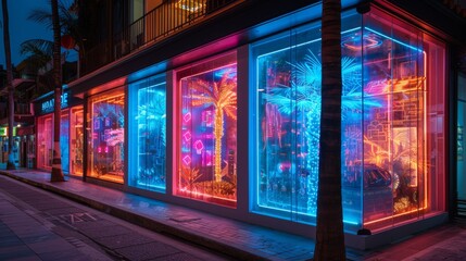 Conceptualize a neon exhibit of travel interactions symbols, featuring shimmering