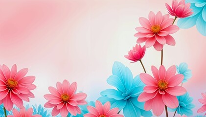 Naklejka premium Pastel pink background, with copy space, with delicate pink and blue flowers, for the design of greeting and invitation cards, banners, promotional materials, website