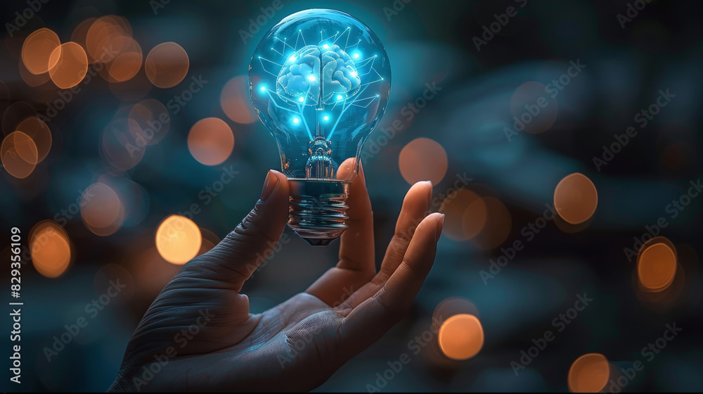Poster An open palm and on top of it, a graphic representation of light bulb with its brain inside glows. light bulbs visually represent the concept of ideas or innovation that are captured. Generative AI.