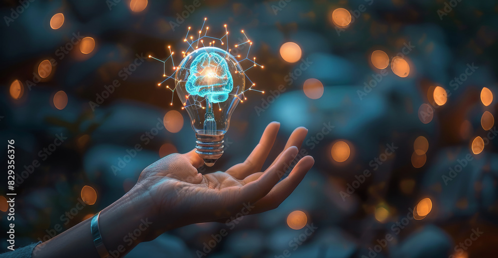 Poster An open palm and on top of it, a graphic representation of light bulb with its brain inside glows. light bulbs visually represent the concept of ideas or innovation that are captured. Generative AI.