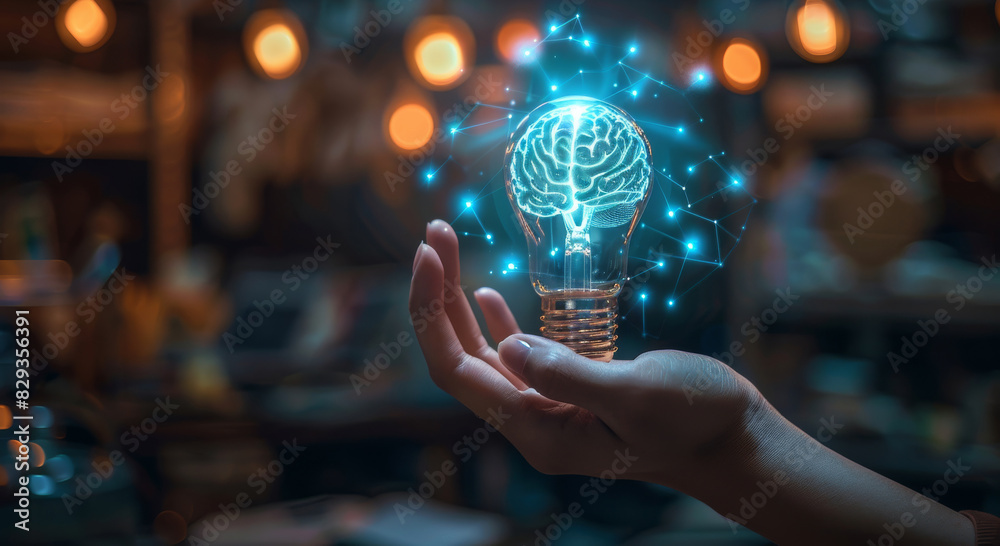 Poster An open palm and on top of it, a graphic representation of light bulb with its brain inside glows. light bulbs visually represent the concept of ideas or innovation that are captured. Generative AI.