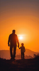 Fototapeta premium happy father's day wallpaper. father and son silhouette holding hands under sunset sky