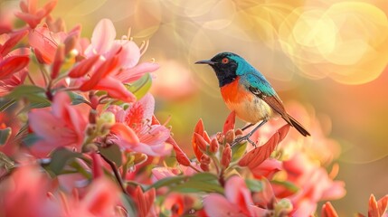Obraz premium Green-tailed sunbird, beautiful bird on azalea Phohodendron