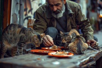 An elderly man tenderly feeding stray cats with plates on a rustic wooden table, showing compassion and care