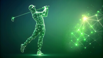 Abstract Digital Golfer Swinging Club Against Serene Green Background. Perfect for: International Golf Day, National Sports Day, World Golfers' Day.