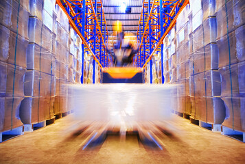 Motion Speed of Workers Loading a Package Boxes Pallets at Warehouse. Electric Forklift Loader....