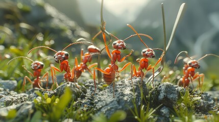 Ants carrying metal forks like spears, preparing for war, on rocks in front of mountains with grass. Generative AI.